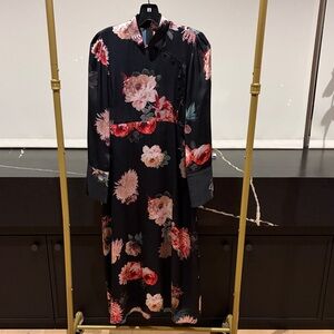 Zara Floral Black Long Dress with Mandarin collar and buttons size M